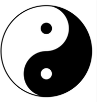 Black-and-white yin-yang symbol with two opposite dots inside a circle