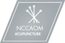 NCCAOM acupuncture logo with stylized acupuncture needles on a gray background